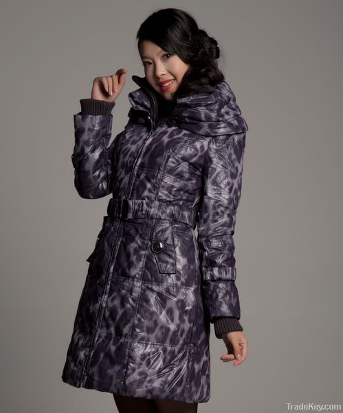 Woman Elastic Belted Leopard Duck Down Coat 10104038