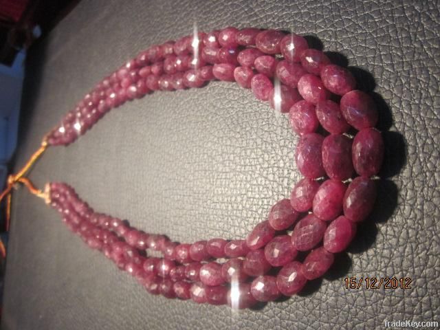 Fine Red Color Ruby Necklace; Faceted Oval Beads, 3 Strings