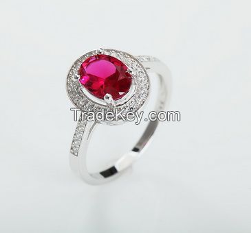 S925 Sterling Silver Platinum Plated  Red Corundum Ring