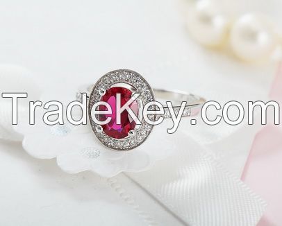 S925 Sterling Silver Platinum Plated  Red Corundum Ring 