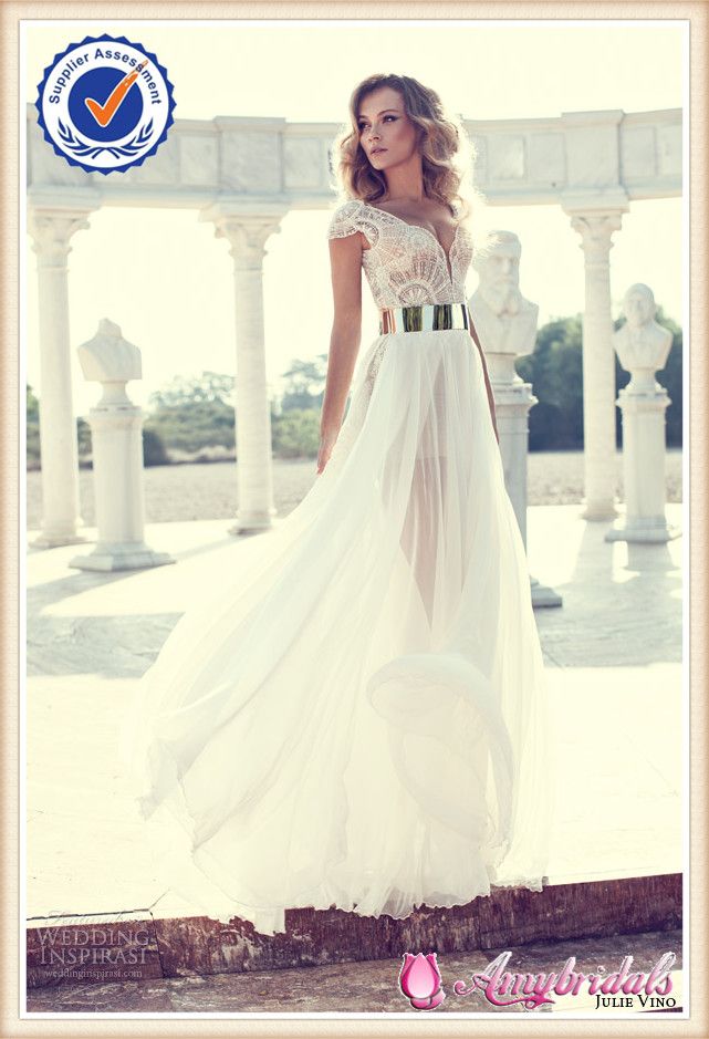 SA3496 Sexy high slit cap sleeves julie vino wedding dresses 2014