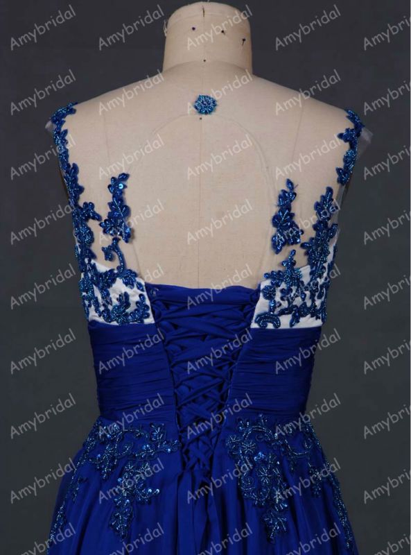 00455 Real picture sheer top lace appliqued 2014 evening dress online shopping