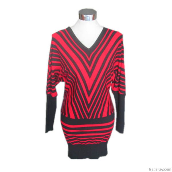 Ladies knitted long sleeves stripe pullover sweater Y032