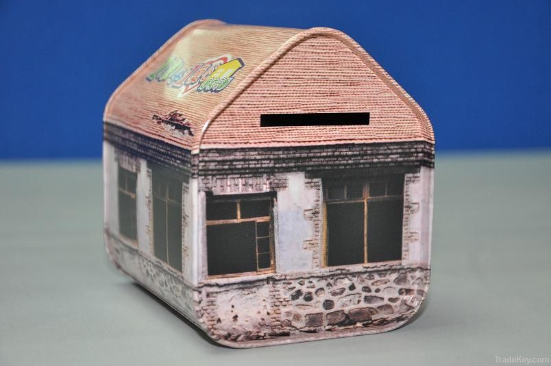 Metal house shape coin bank tin can