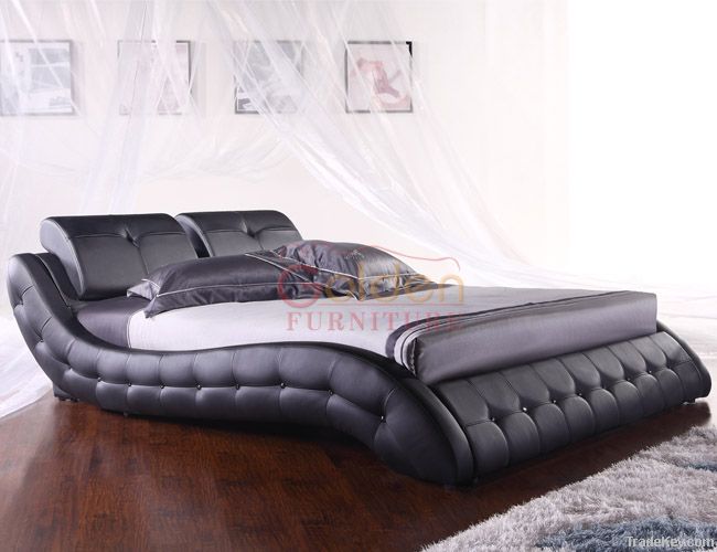 Genuine Leather Cheap Black Soft Bed