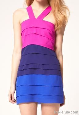 Women shutter pleat dresses rainbow color patchwork spaghetti strap