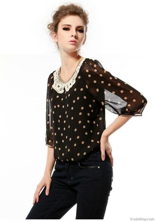 Vintage lace polka pot print half slveeve women blouse