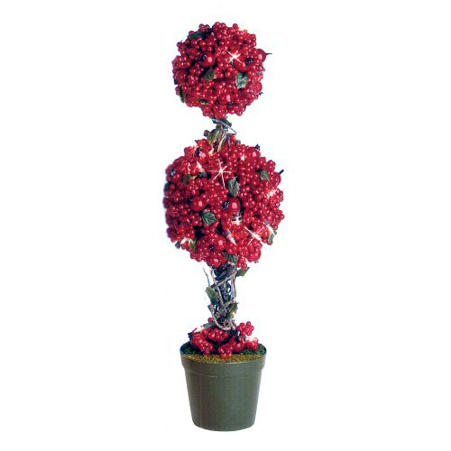 24" Pre-Lit Cranberry Berry Double Ball Topiary Tree With Clear Lights