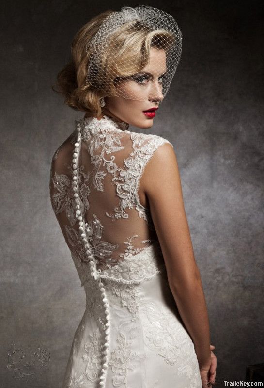 High Neck Top Quality Floor Length A-line Lace Wedding Dresses Custom