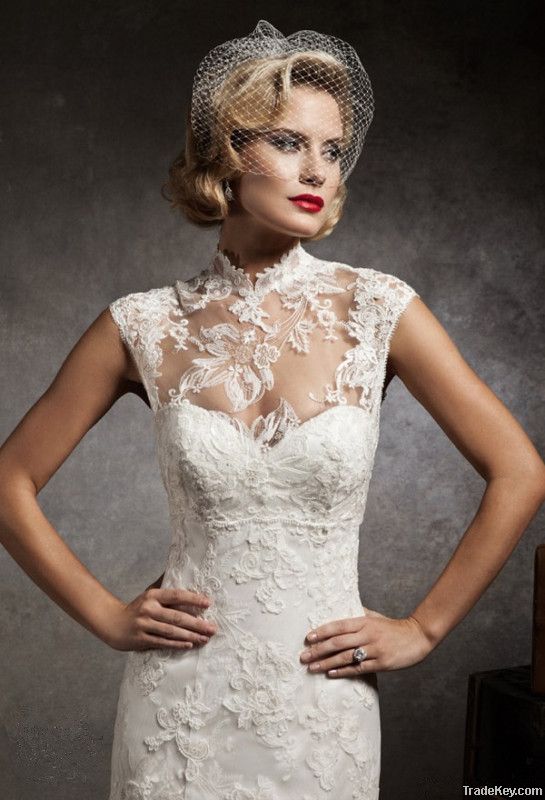 High Neck Top Quality Floor Length A-line Lace Wedding Dresses Custom