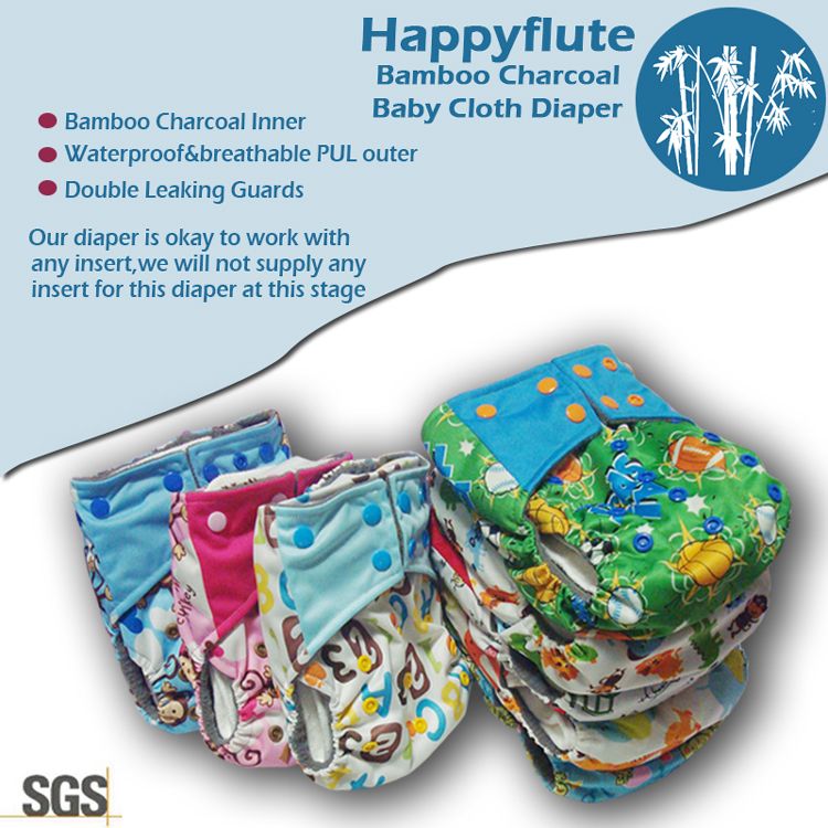 Happyflute onesize bamboo charcoal baby cloth diaper, double leaking guards, waterproof and breathable, fit babies 3-15kgs