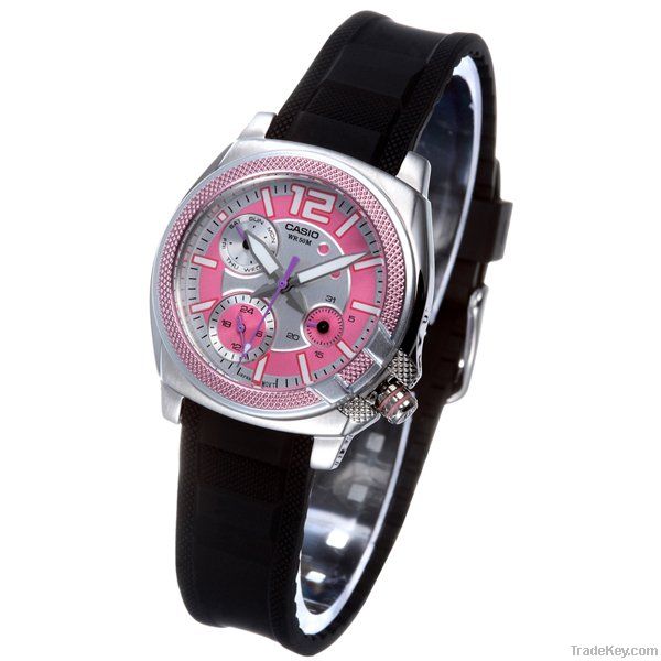 Pink Patterned Women Watch, Brown Rubber Watch Safety Buckle LTP