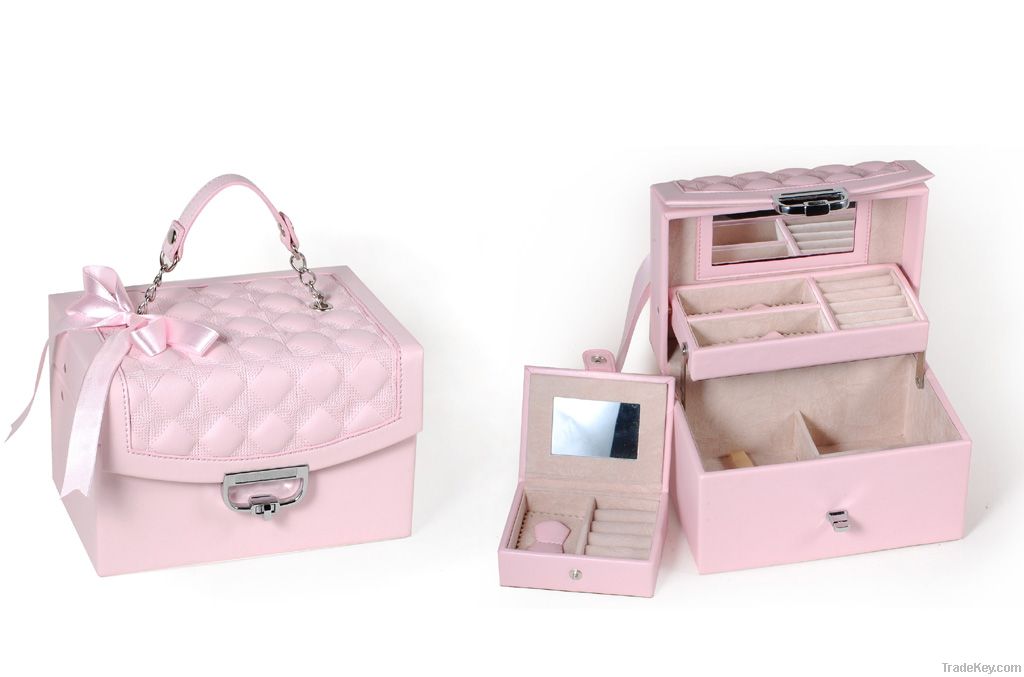 Pink Quilt PU Leather Portable Jewelry Case