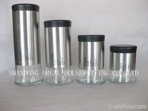 four round glass bottles set with coating