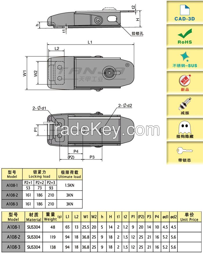 [TANJA] A108 concealed toggle latch / stainless steel food equipment latch