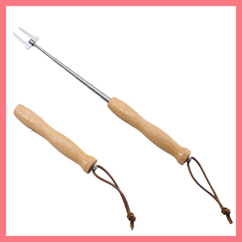 Rubber wood handle telescopic barbecue fork