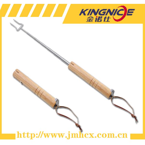 Wood handle telescopic barbecue fork with an opener design