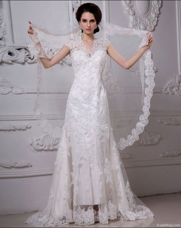 Beautiful Mandarin Collar Cathedral Train Lace Sheath Wedding Dress