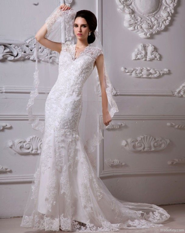 Beautiful Mandarin Collar Cathedral Train Lace Sheath Wedding Dress