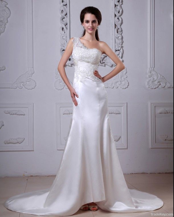 Charmeuse Applique Ruffles One Shoulder Cathedral Train Sheath Wedding