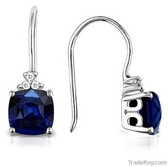 Cushion Sapphire and Round Diamond Dangle Earrings