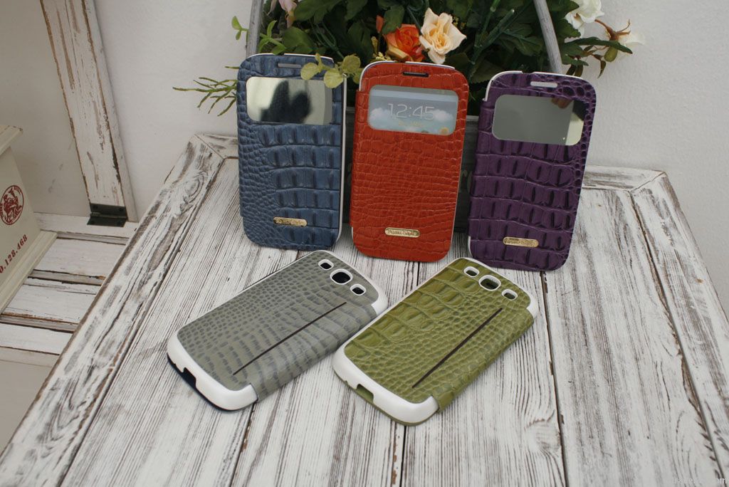 crocodile cow leather flip phone case with tranparent mirror