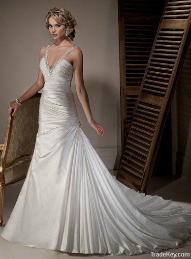 simple design, customized spaghetti strap, taffeta wedding dress