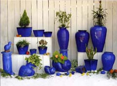 Outdoor glazed blue and yellow cream pottery