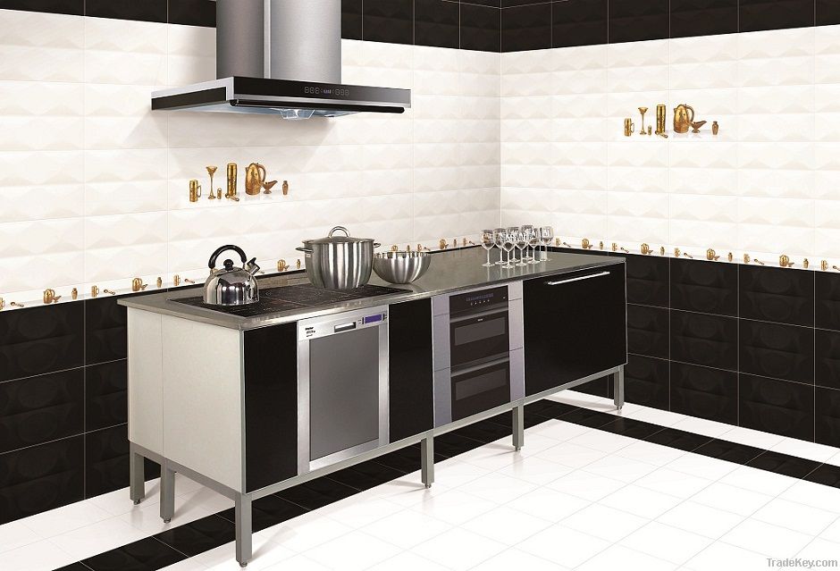 white and black kitchen ceramic wall and floor tiles