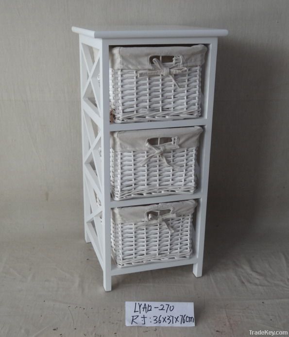 wooden cabinet with natural wicker baskets