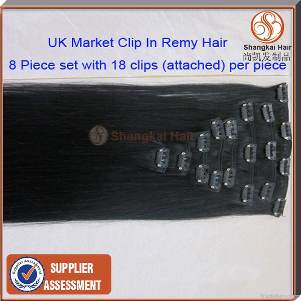 UK market 8pcs set clip in remy extension