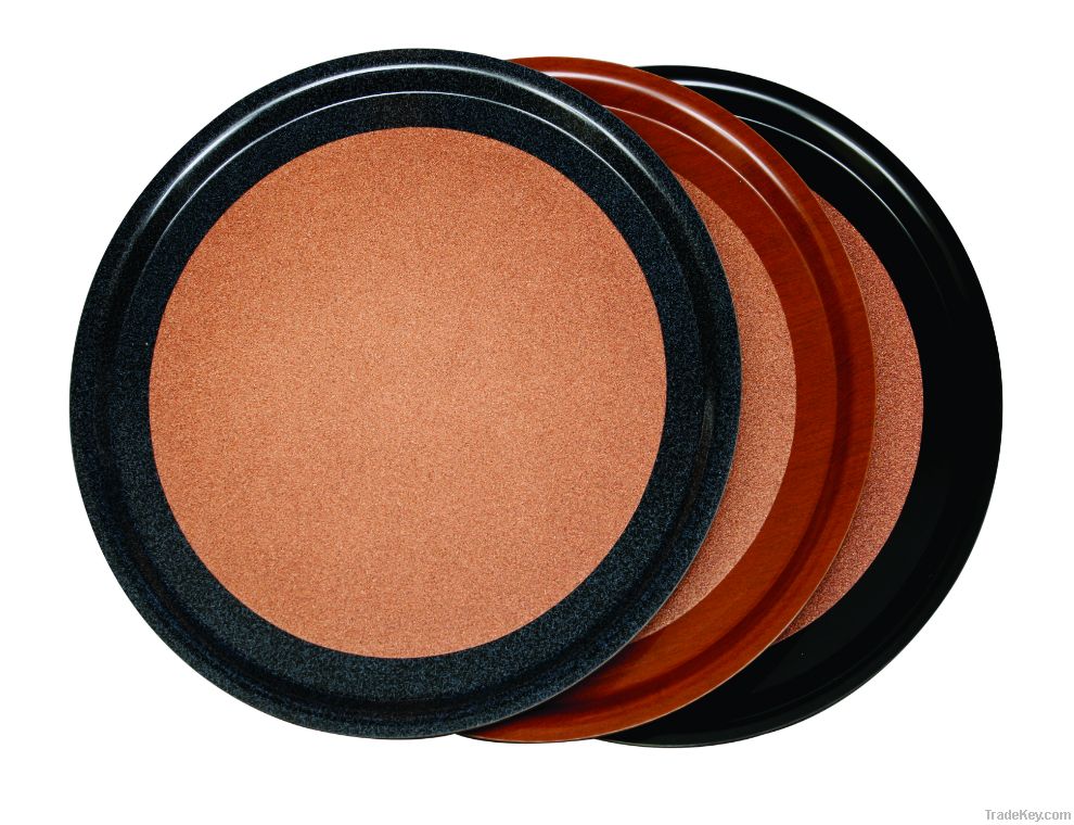 Round laminate and plastic trays with cork