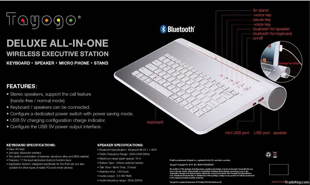 Bluetooth keyboard with bluetooth speaker for  IPAD/Tablet