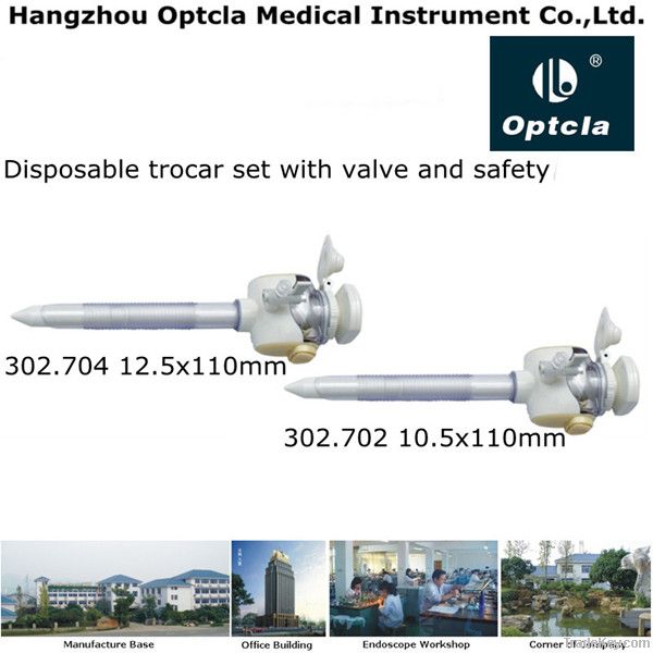 Disposable trocar set with valve and safety