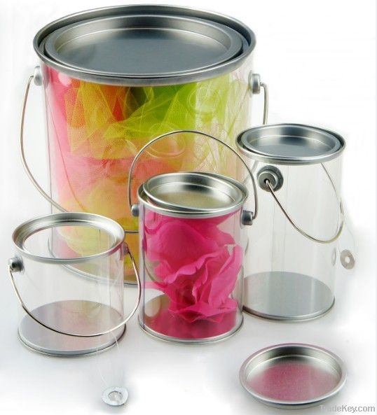 clear round PVC can with handle for packaging