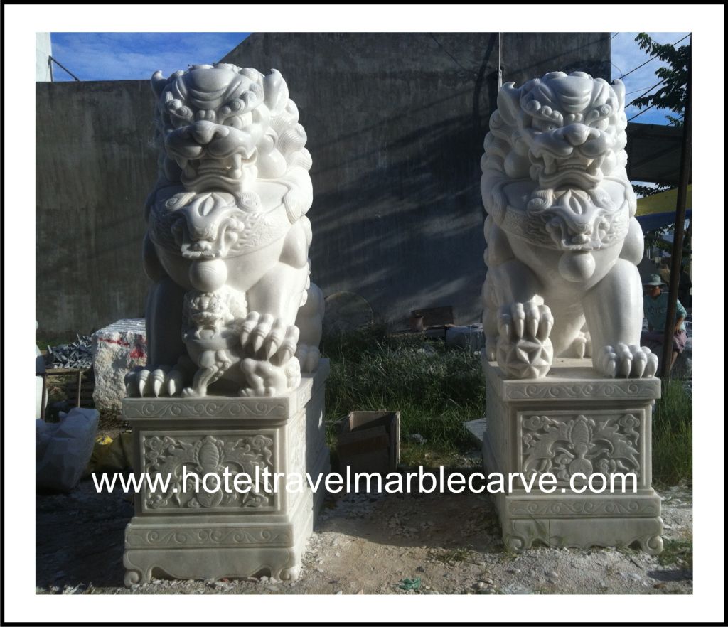 Marble Fudogs # NDVN 2113 temple guardian Foo Dog Lions carving Sculpture Garden Carving Statues