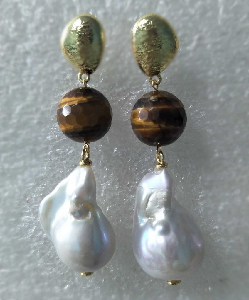 Pearl Earring with gemstone---tiger eye stone