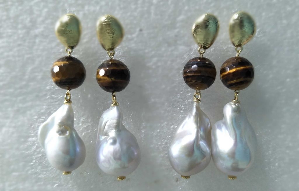 Pearl Earring with gemstone---tiger eye stone