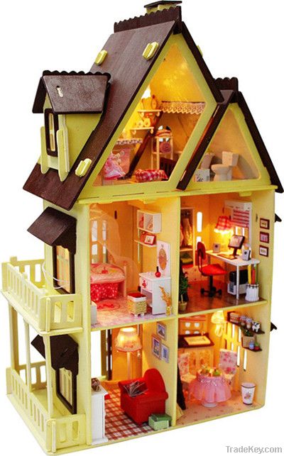 Hot sale DIY wooden doll house with light, miniature wooden toys