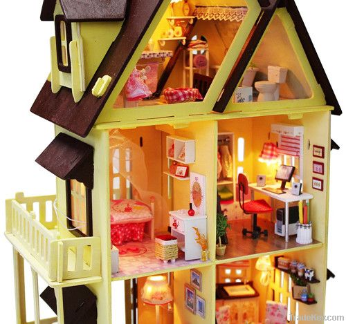 Hot sale DIY wooden doll house with light, miniature wooden toys