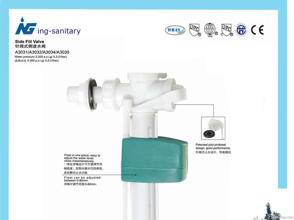 Toilet cistern side inlet fill valve