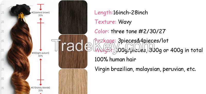 Free shipping 15% discount virgin brazilian ombre human hair extensions T#2/30/27 fashion wavy style 16-28inch mixed length