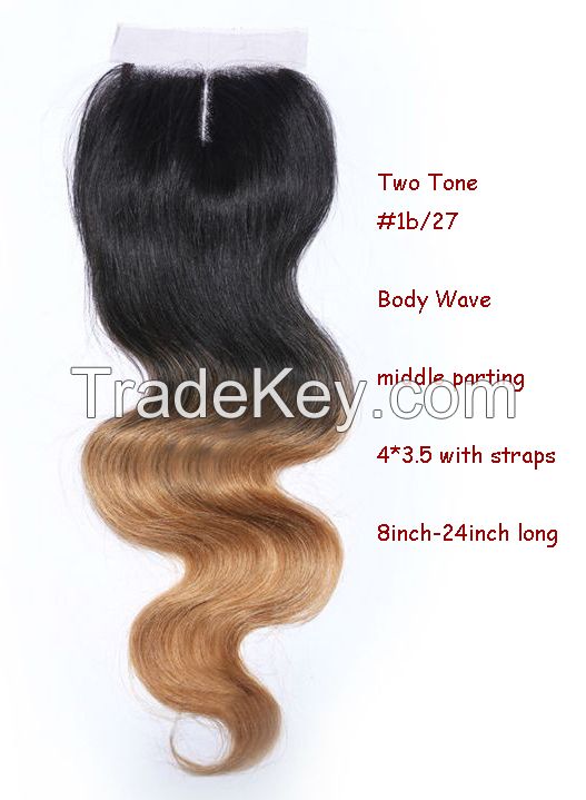 Two Tone #1b/27 Virgin Hair Free Shipping Brazilian Virgin Human Hair 4x3.5 Body Wave Top Lace Closure Middle Part Bleached Knot