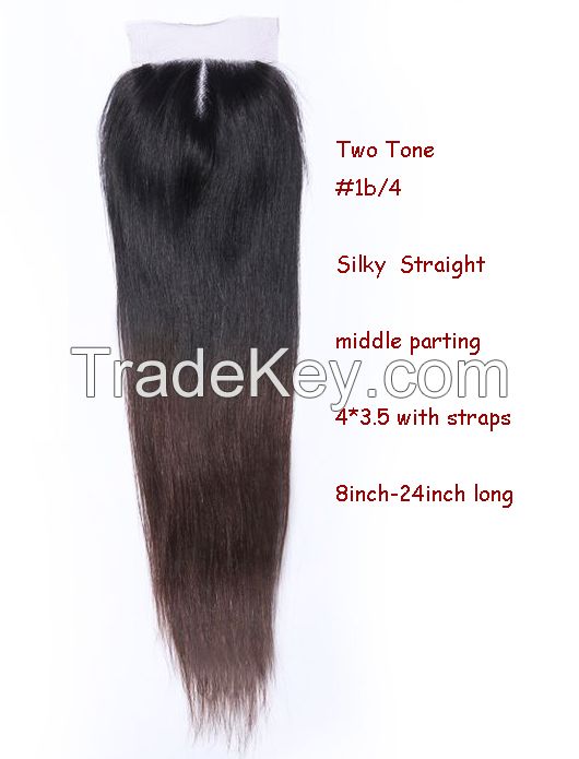 Free ship straight two tone #1b/4 lace closure Malaysian human hair closure 3.5x4 middle part lace closure bleached knot