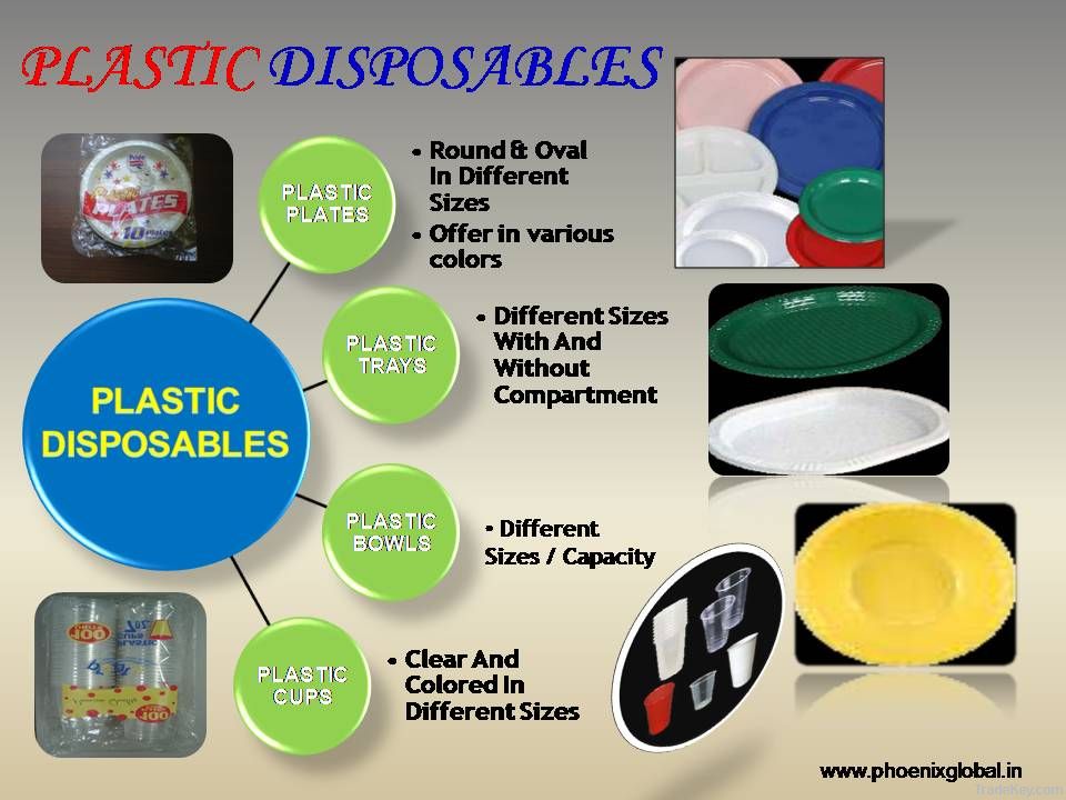 Disposables plastic plates, cups, bowls etc.