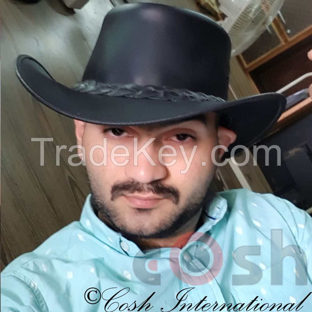 Black Leather Cowboy Western Chain Style Unisex Hat