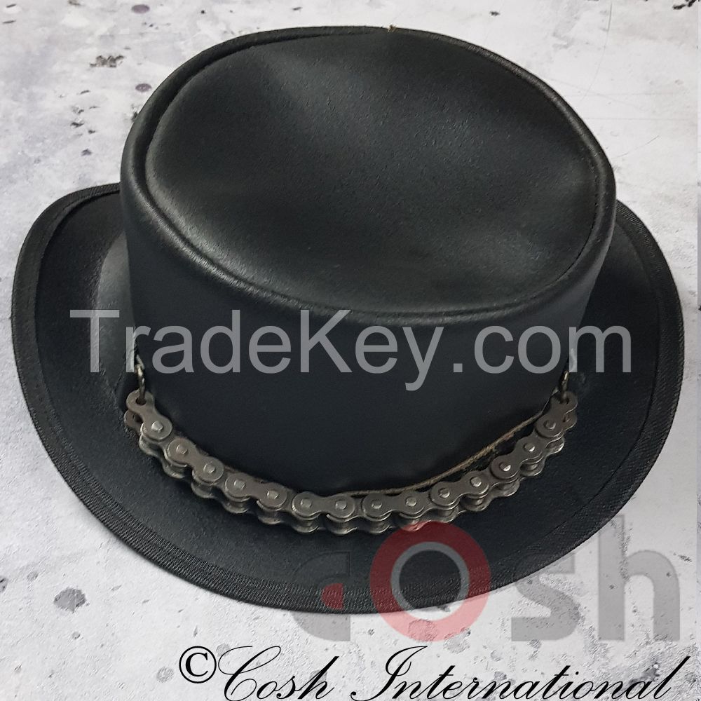 Black Leather Cowboy Western Chain Style Unisex Hat