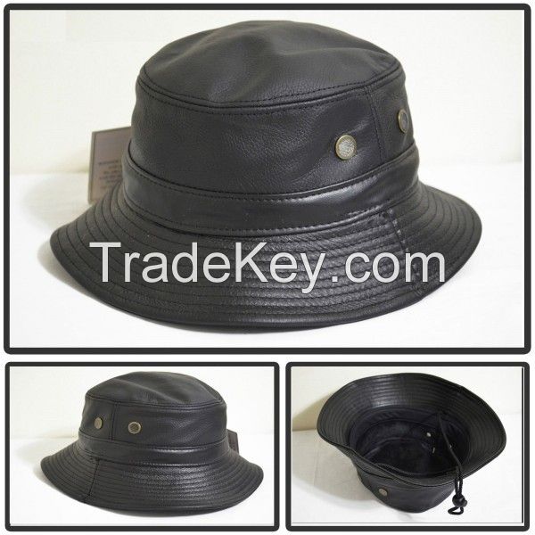 Leather Foldable Round Bucket Hat With String
