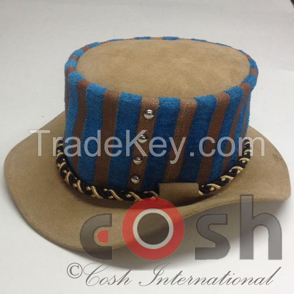 Brown Cowboy Leather Hat With Tartan