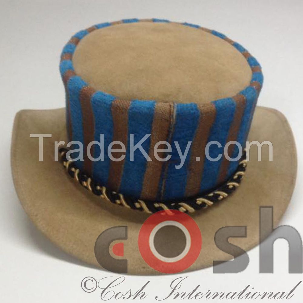Brown Cowboy Leather Hat With Tartan
